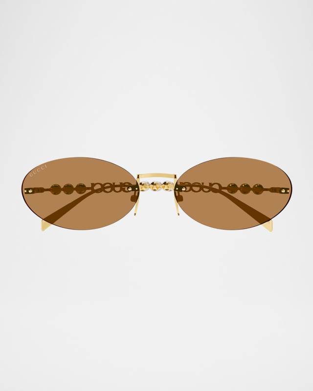 Rimless Metal Oval Sunglasses with Faux Pearls